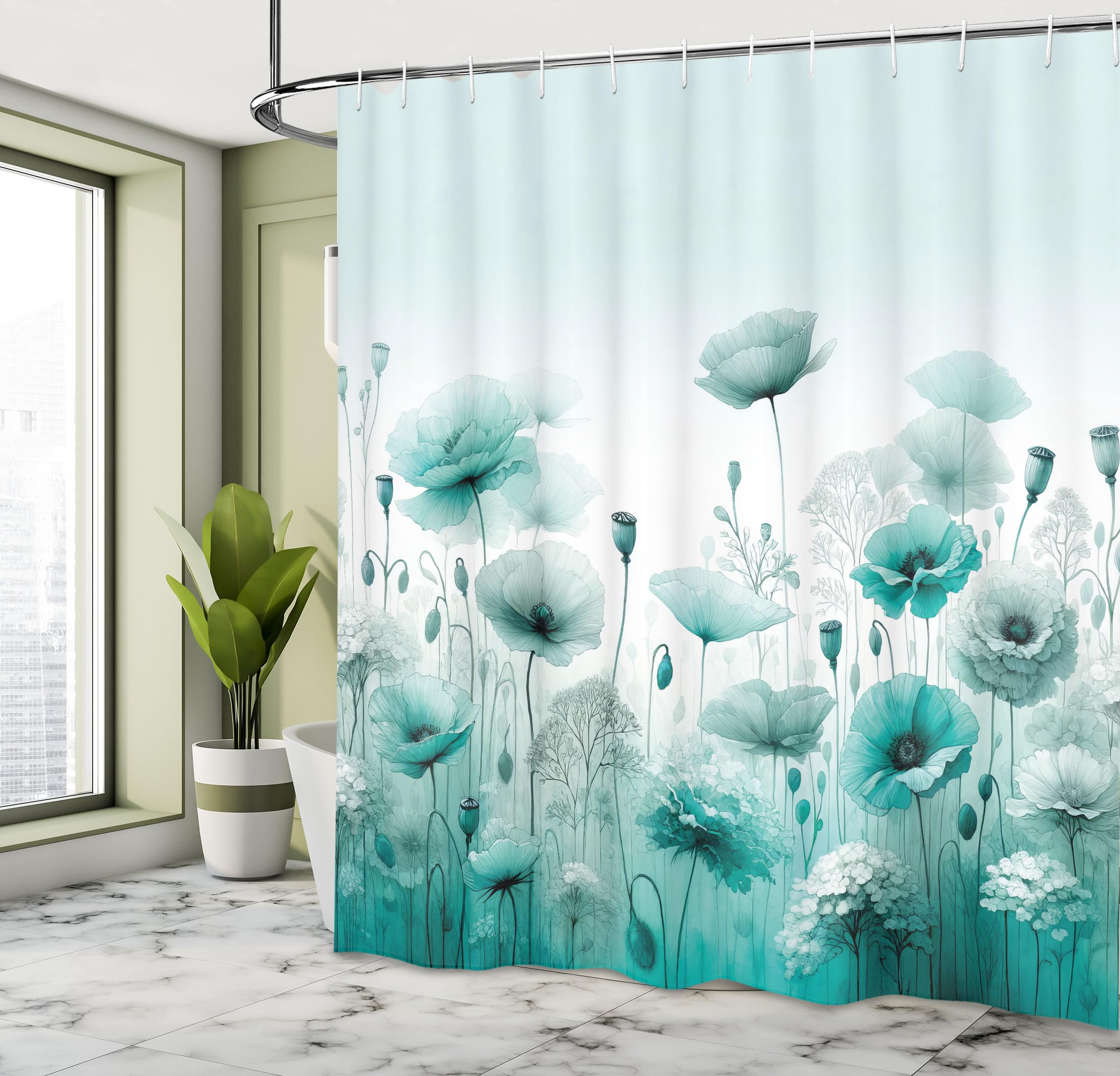 Ambesonne Turquoise Shower Curtain, Chill Atmosphere Of Flowering Poppy Scene With Oceanic Green Tones, Cloth Fabric Bathroom De